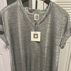 Anne Klein Gray and White Relaxed Short Sleeve Tee